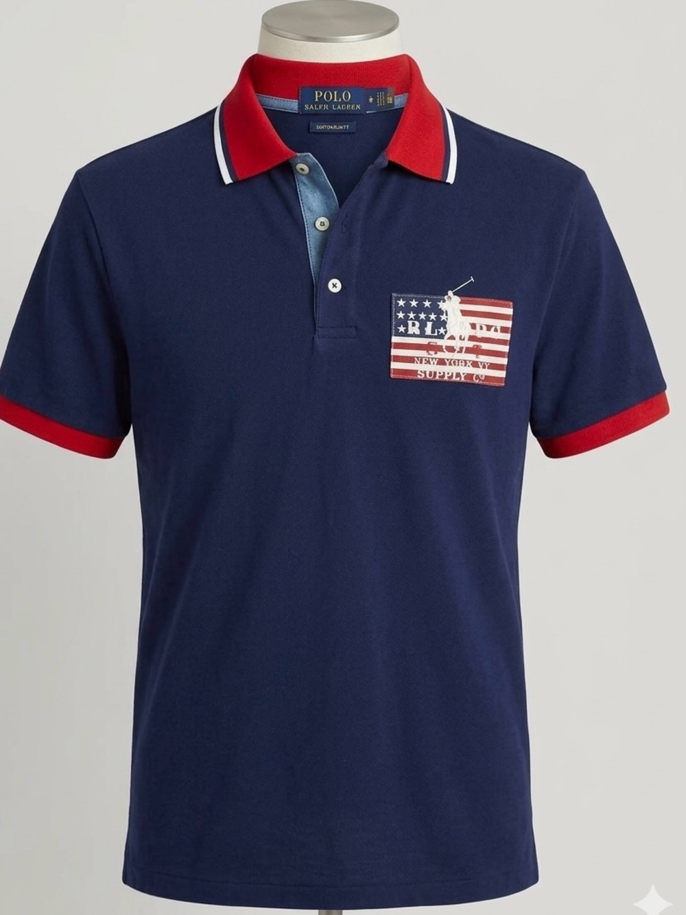 Polo Ralph Lauren Custom Slim Fit Polo Shirt L Navy Red New York Flag